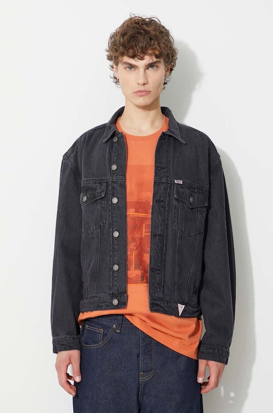 Guess geacă din denim Kit Trucker necaptusit negru M3GG77.D4Y50
