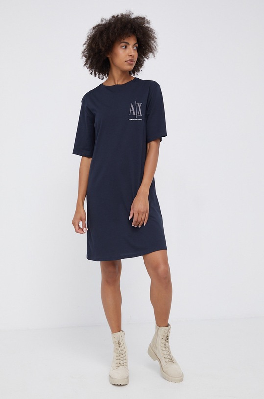 Pamučna haljina Armani Exchange bez uzorka mornarsko plava 8NYADX.YJG3Z.NOS