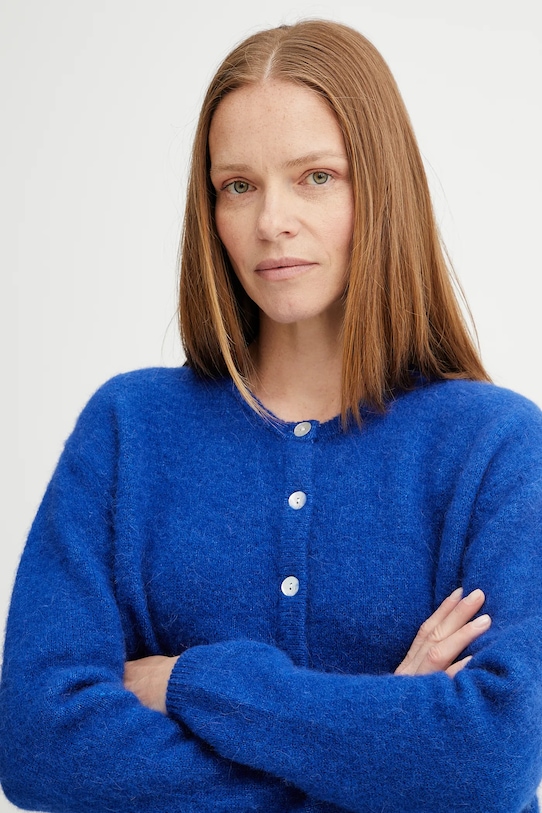 American Vintage kardigan wełniany GILET ML COL ROND niebieski VITO19E