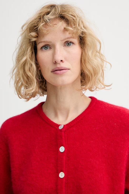 American Vintage kardigan z domieszką wełny GILET ML COL ROND czerwony VITO19E