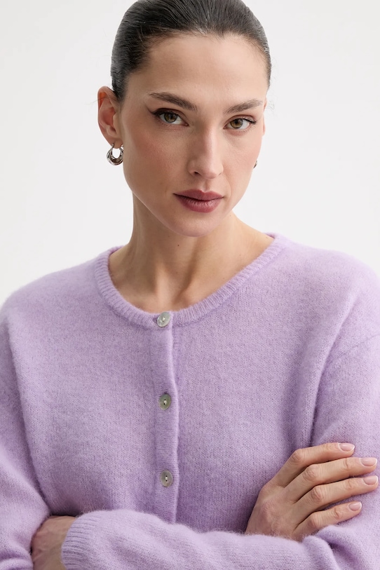 American Vintage kardigan z domieszką wełny GILET ML COL ROND fioletowy VITO19E
