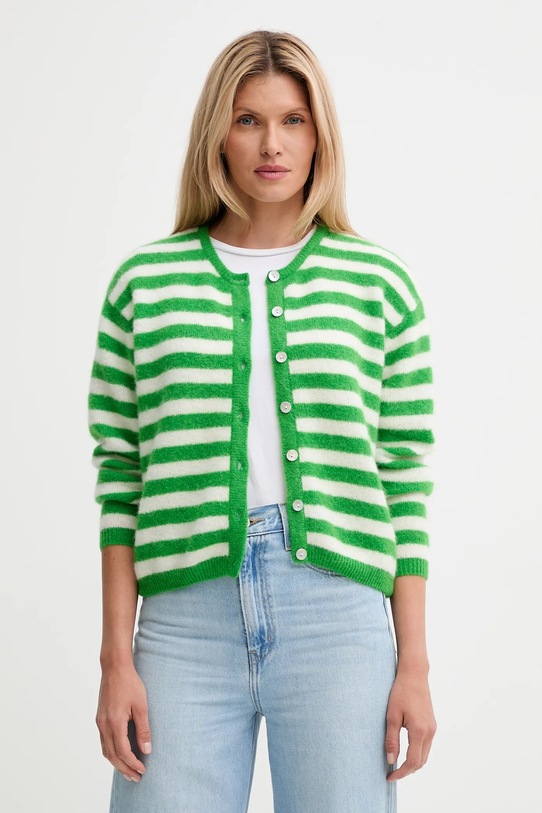 American Vintage kardigan z domieszką wełny GILET ML COL ROND z domieszką wełny zielony VITO19E