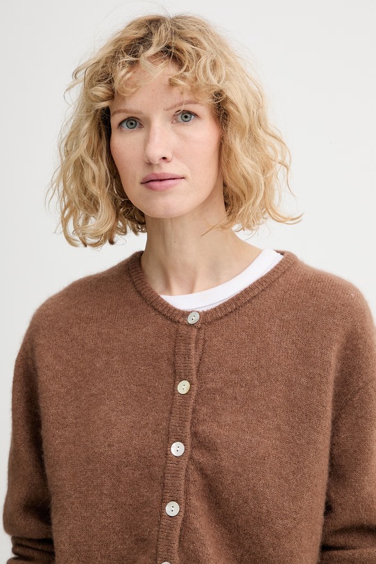 American Vintage kardigan z domieszką wełny GILET ML COL ROND brązowy VITO19E