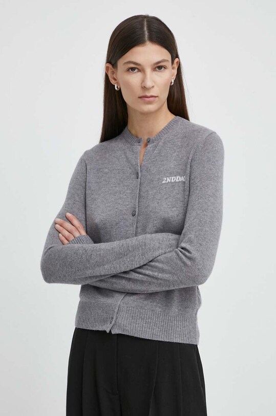 2NDDAY kardigan z domieszką wełny 2ND Vinny TT - Soft Wool Blen okrągły szary 2000341408