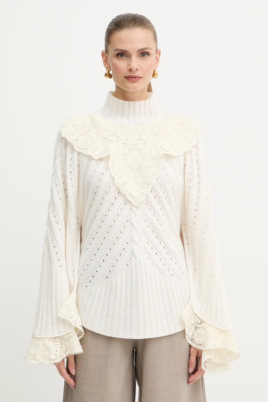 Twinset sweter z dodatkiem wełny półgolf beżowy 252TS3353