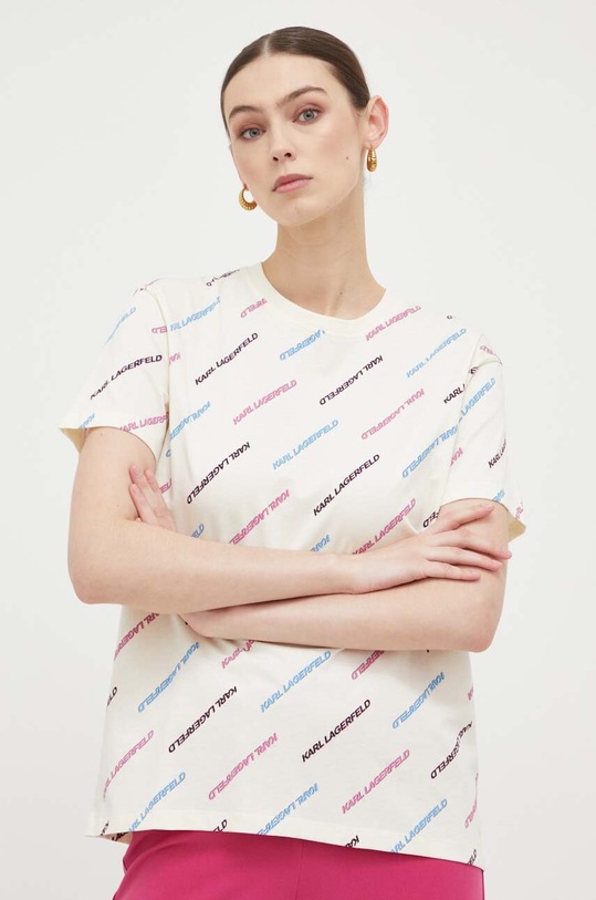 Karl Lagerfeld t-shirt bawełniany wzorzyste beżowy 225W1700