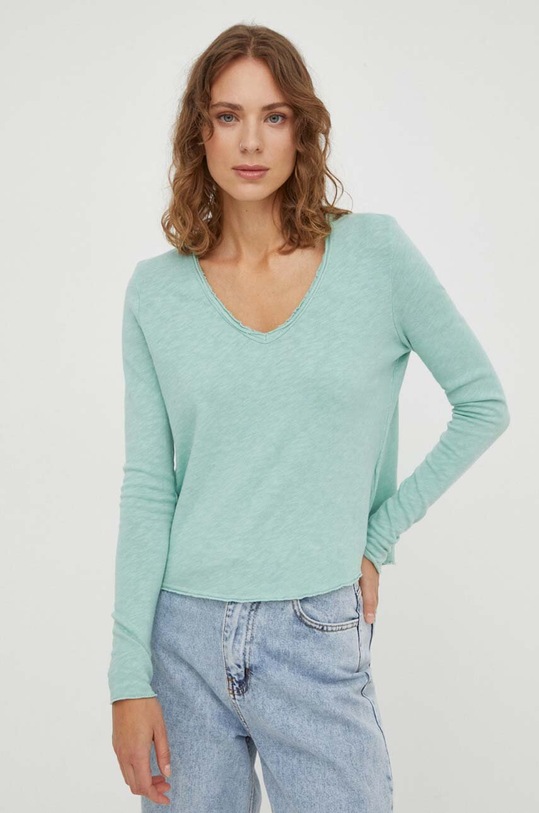 Βαμβακερή μπλούζα με μακριά μανίκια American VintageT-SHIRT ML COL V βαμβάκι τιρκουάζ SON02B