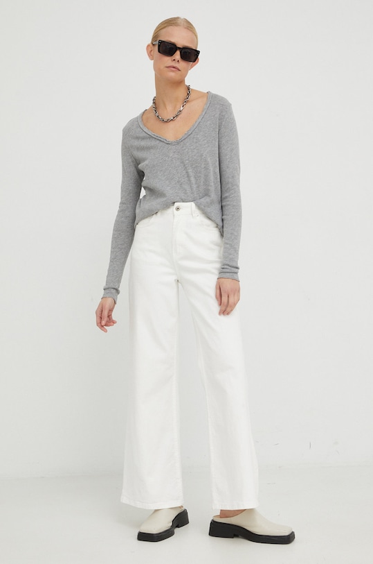 Bavlněné tričko s dlouhým rukávem American Vintage T-SHIRT ML COL V SON02B šedá AA00