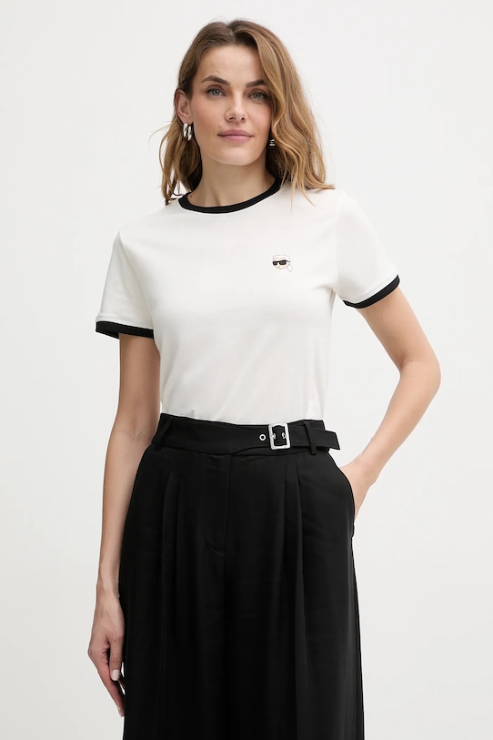 Памучна тениска Karl Lagerfeld IKON вталена бежов A3W17078