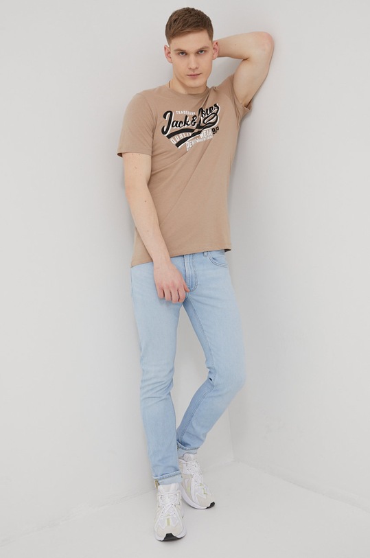 Bavlnené tričko Jack & Jones potlač béžová 12199474.Crockery