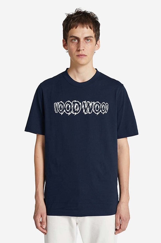 Bavlněné tričko Wood Wood Bobby Shatter Logo T-shirt potisk námořnická modř 12225707.2489