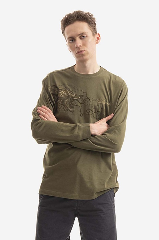 Maharishi cotton longsleeve top Tibetan Dragon applique green 8130.OLIVE