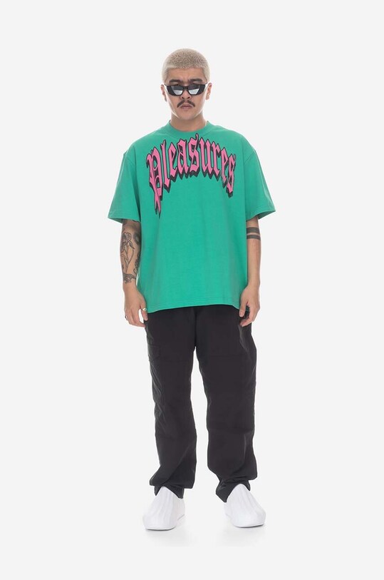 Odzież PLEASURES t-shirt bawełniany Twitch Heavyweight P23SP028 zielony