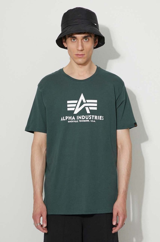 Bavlněné tričko Alpha Industries Basic T-Shirt potisk zelená 100501.610