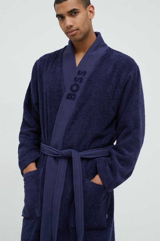 Памучен халат BOSS памук тъмносин PLAIN.MEN