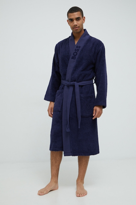 Памучен халат BOSS PLAIN.MEN тъмносин AW22