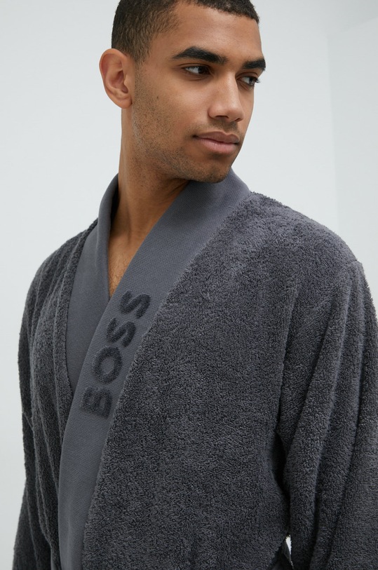 Памучен халат BOSS PLAIN.MEN сив