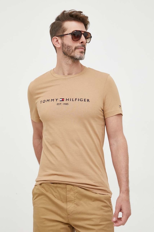 Βαμβακερό μπλουζάκι Tommy Hilfiger μπεζ MW0MW11797