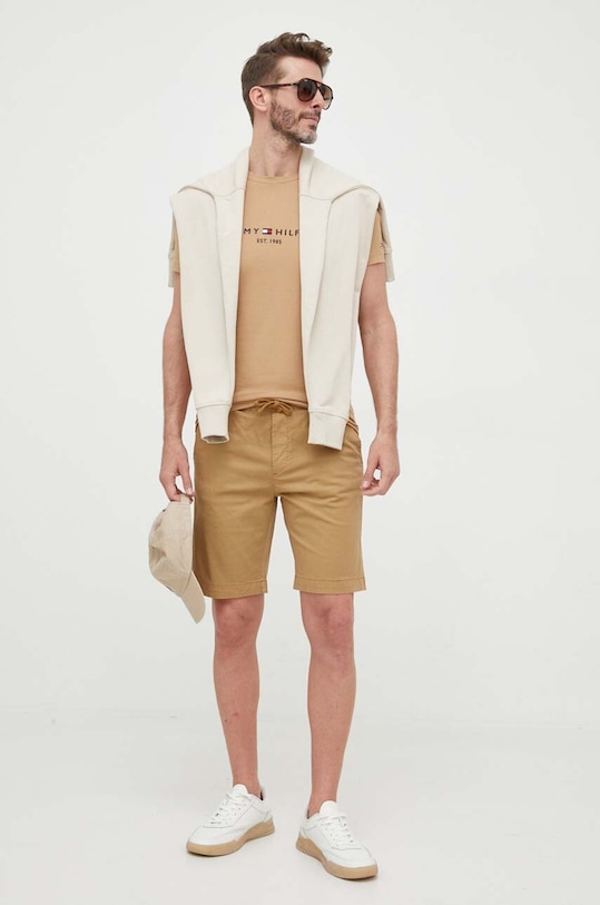 Βαμβακερό μπλουζάκι Tommy Hilfiger MW0MW11797 μπεζ SS25