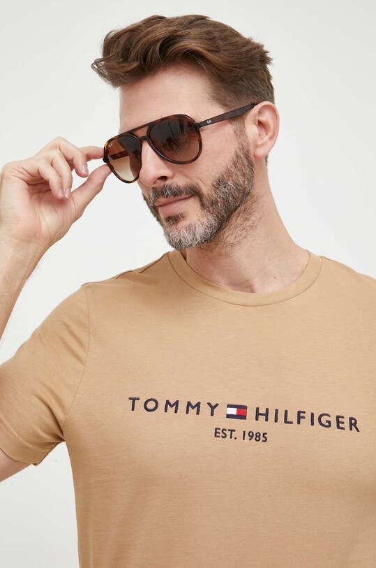 Βαμβακερό μπλουζάκι Tommy Hilfiger μπεζ MW0MW11797