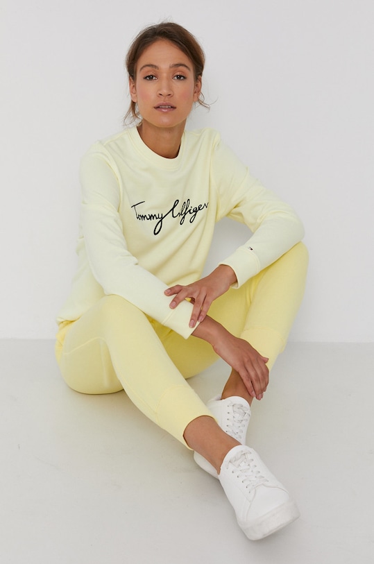 Bavlněná mikina Tommy Hilfiger bez kapuce žlutá WW0WW30659.4890