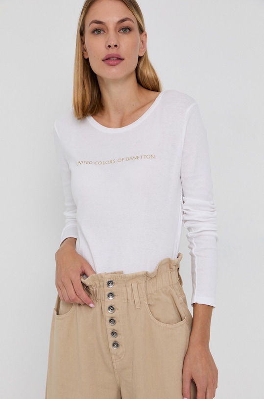 Βαμβακερό πουκάμισο με μακριά μανίκια United Colors of Benetton στάμπα λευκό 3GA2E16G0.101