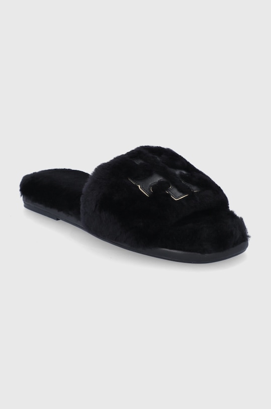 Tory Burch Kapcie skórzane Double Shearling Slide 83484.001 czarny AW21