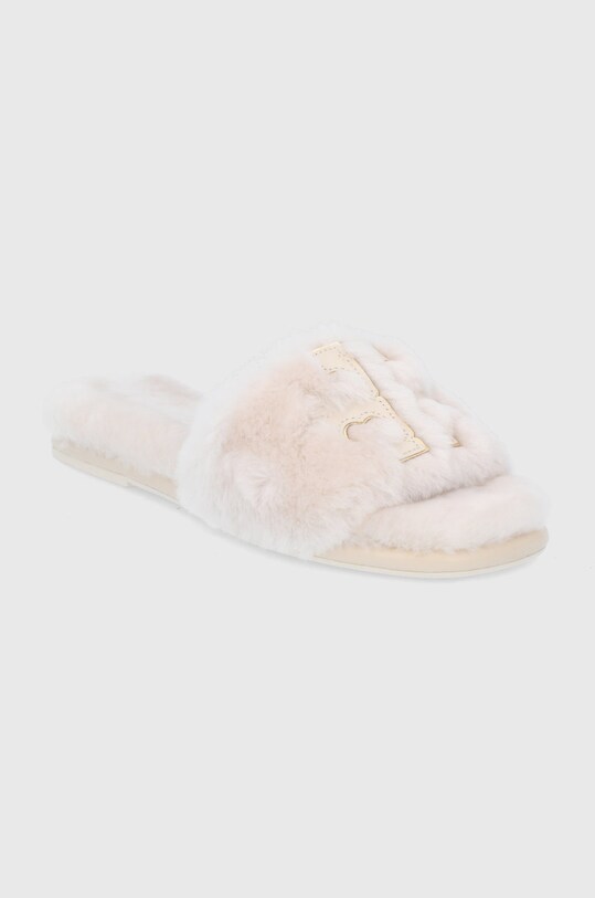 Tory Burch Kapcie skórzane Double Shearling Slide 83484.100 beżowy AW21
