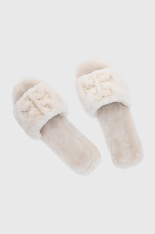 Tory Burch Kapcie skórzane Double Shearling Slide beżowy 83484.100