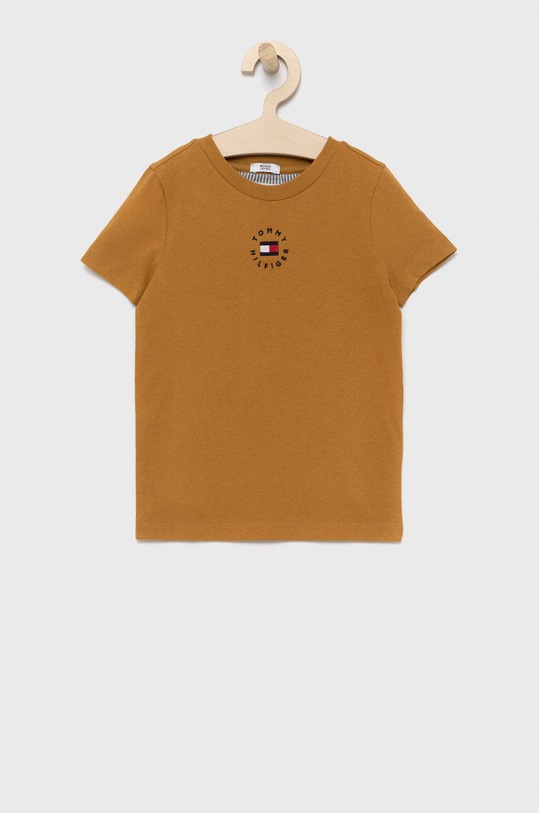 Dětské bavlněné tričko Tommy Hilfiger kulatý hnědá KS0KS00218.4890