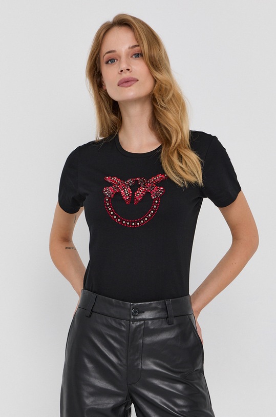 Pinko T-shirt bawełniany aplikacja czarny 1G16JB.Y4LX