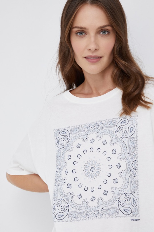 Wrangler T-shirt bawełniany nadruk biały W7R9GHW02