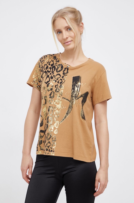 Deha T-shirt bawełniany nadruk beżowy D53079.45111