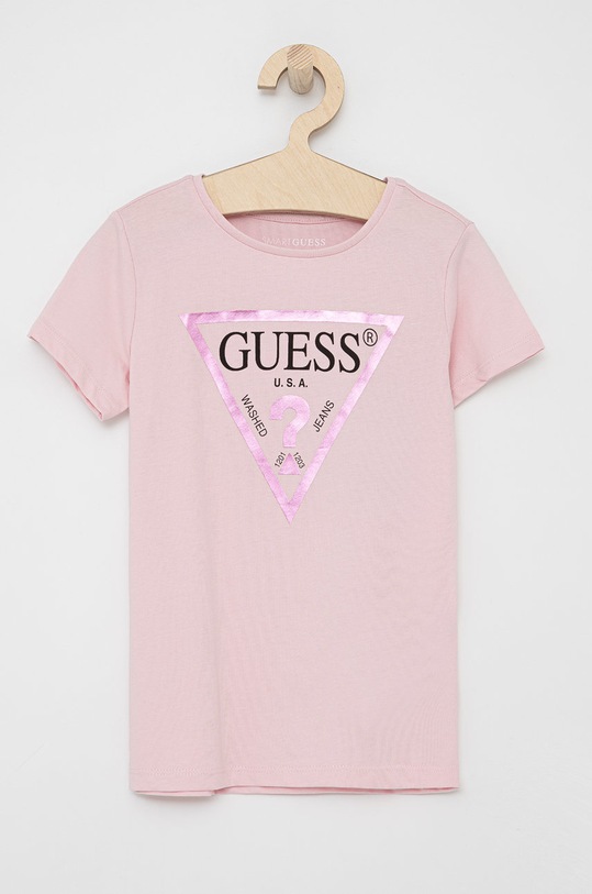 Guess T-shirt bawełniany dziecięcy nadruk różowy J73I56.K8HM0