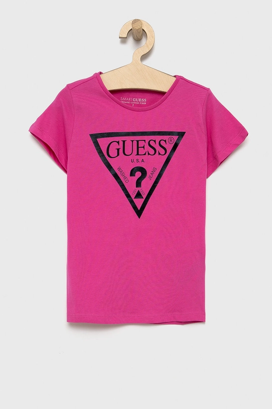 Guess T-shirt bawełniany dziecięcy nadruk fioletowy J73I56.K8HM0