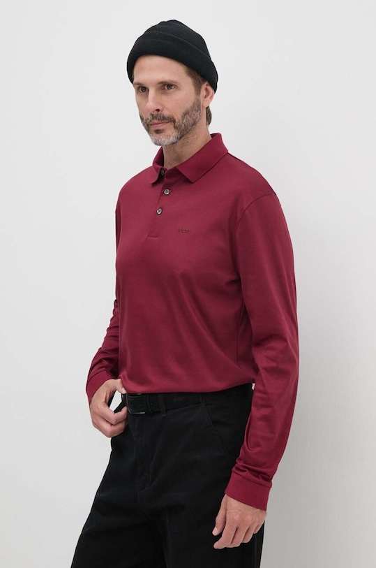 BOSS longsleeve din bumbac uni burgundia 50468392