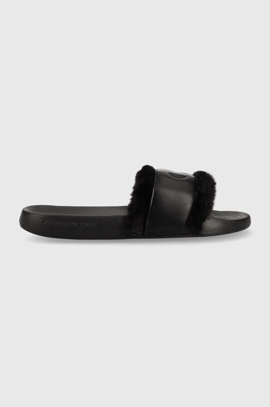 Παντόφλες Calvin Klein Jeans Slide W/fake Fur φλατ μαύρο YW0YW00754.BDS