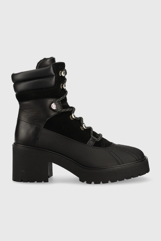 Kožené členkové topánky Tommy Hilfiger Heel Laced Outdoor Boot semišová koža čierna FW0FW06804.0GK