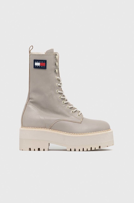 Tommy Jeans bocanci de piele Tommy Jeans Flatform Padded Boot cu snur bej EN0EN01954.PKF