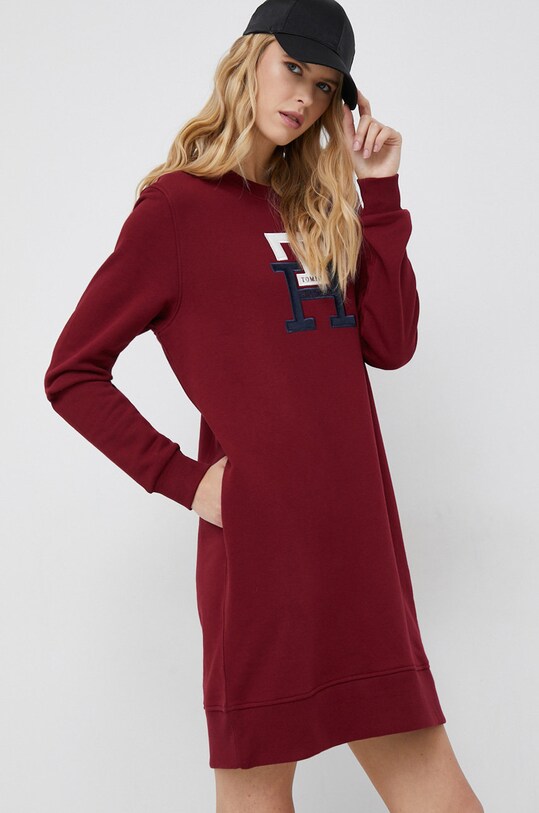 Bavlněné šaty Tommy Hilfiger midi burgundské WW0WW37442.9BYY