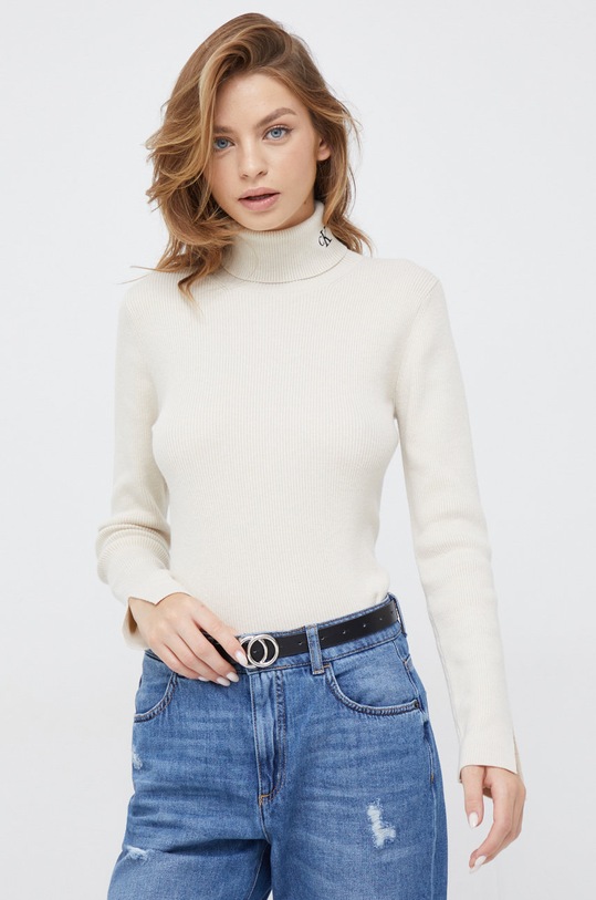 Svetr z vlněné směsi Calvin Klein Jeans rolák béžová J20J219779.9BYY