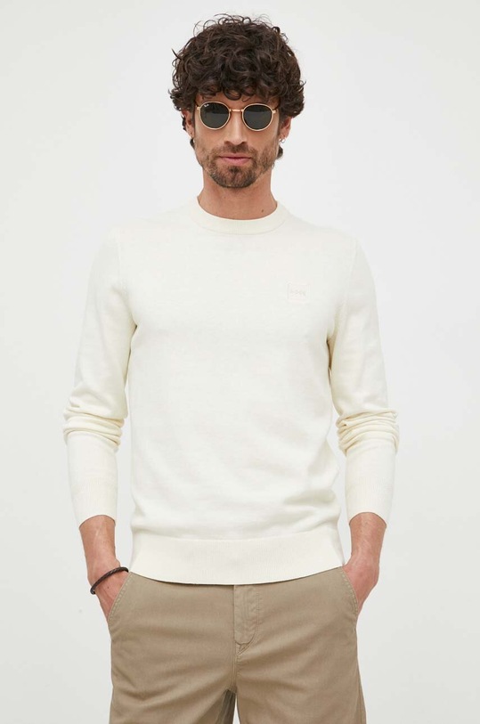 BOSS sweter z domieszką kaszmiru BOSS CASUAL okrągły beżowy 50471343