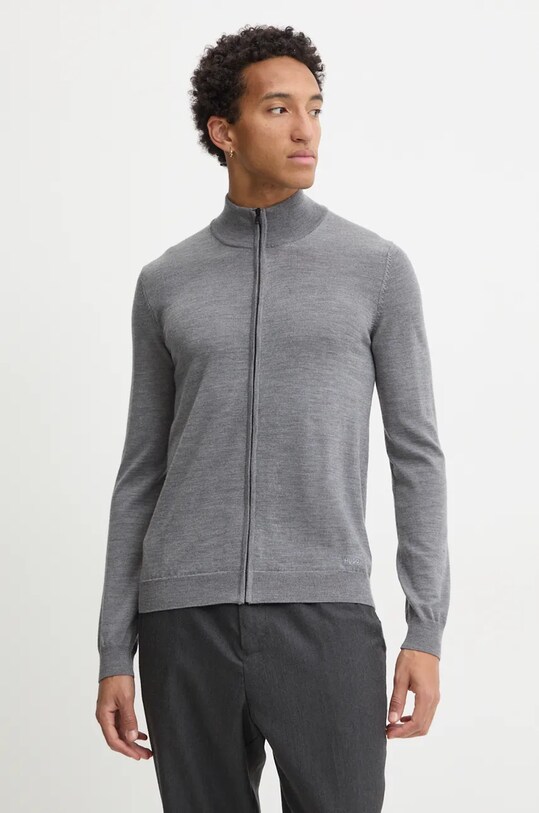 Шерстяной кардиган HUGO тонкий серый 50474193