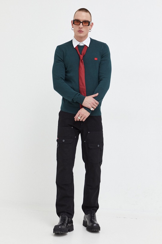 HUGO sweter bawełniany 50475083 zielony AW25