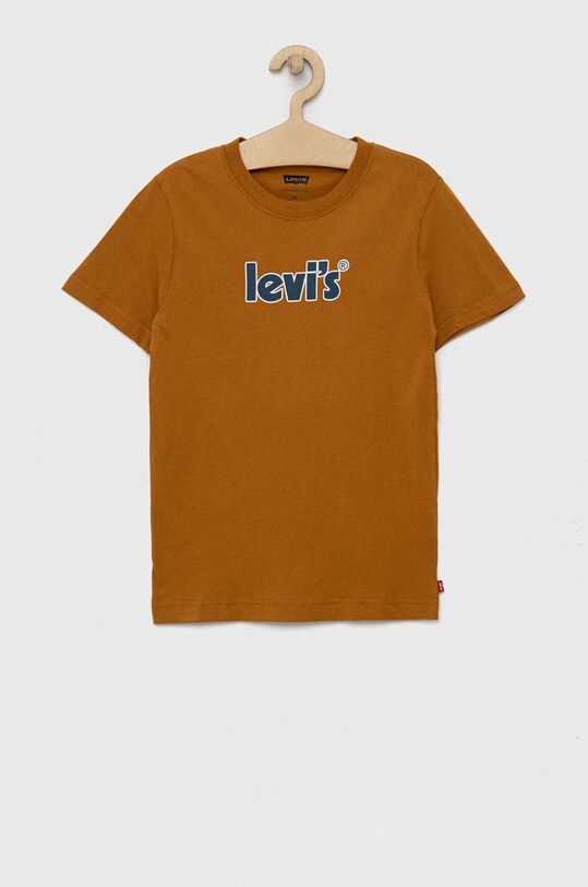 Dětské bavlněné tričko Levi's kulatý hnědá 9EE539.