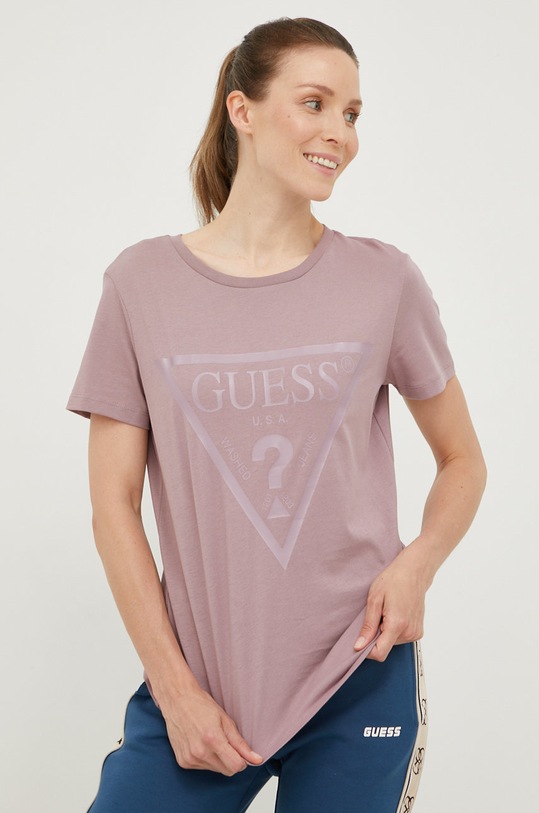 Guess t-shirt bawełniany ADELE nadruk fioletowy V2YI07.K8HM0