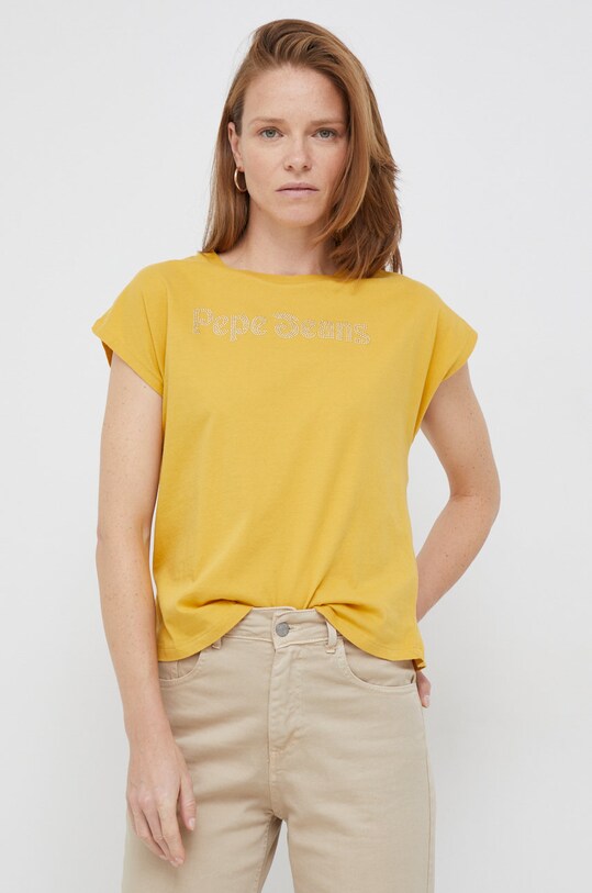 Βαμβακερό μπλουζάκι Pepe Jeans απλικέ κίτρινο PL505296.098