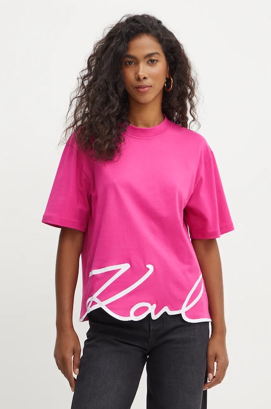 Bavlněné tričko Karl Lagerfeld kulatý růžová 226W1703