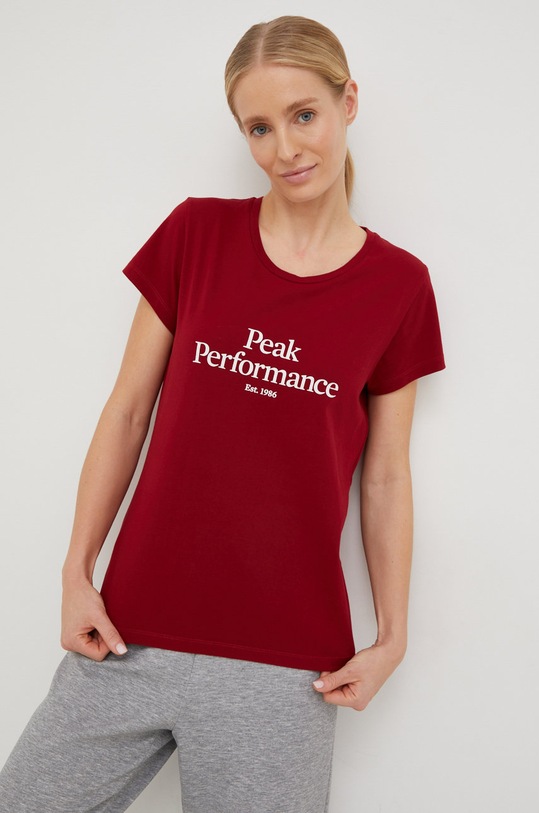 Bavlněné tričko Peak Performance kulatý burgundské G77700
