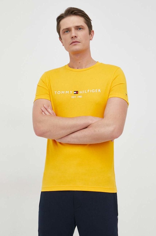 Bombažna kratka majica Tommy Hilfiger Okrogel oranžna MW0MW11797.9BYY